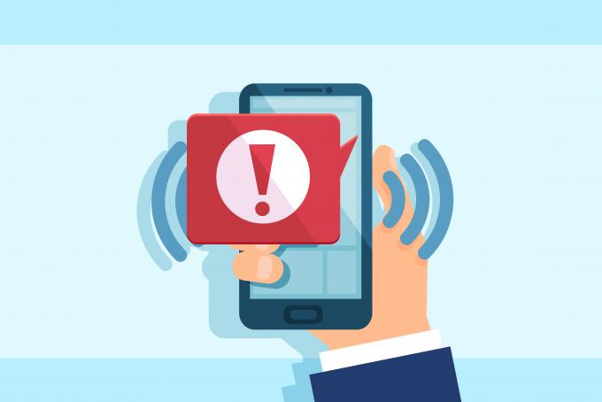 illustration of a hand holding a phone with a red warning icon jumping out of it.