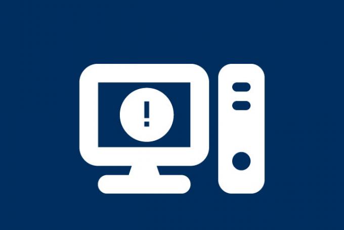 Dark blue background with a white computer icon. On its screen is an exclamation mark.