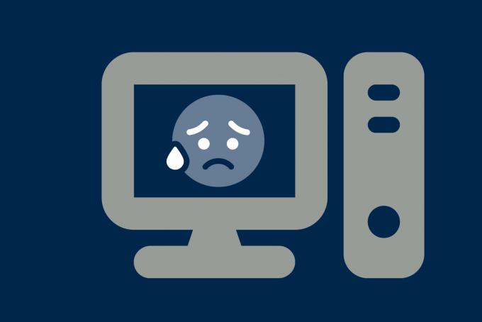 Dark blue background with a white computer icon. On its screen is a worried face