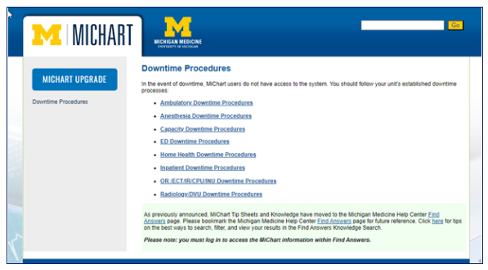MiChart downtime webpage