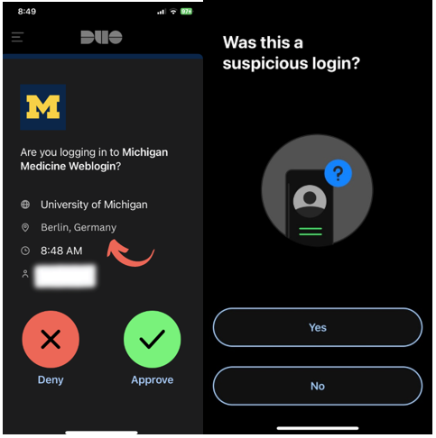 Duo screen asking if it is a suspicious log in with a Deny and Accept button.