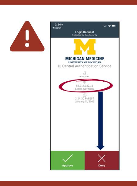 Screenshot of Duo push alert, with an arrow pointing to bottom right where the Deny button is.